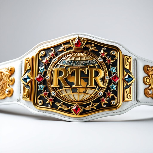 A prestigious wrestling belt, emblematic of excellence. RTR lettering prominently displayed. Made from supple leather, the belt radiates sophistication with its elegant white strap. A bold, rectangular gold plate shines brilliantly, featuring an intricate globe champion design. Adorned with vibrant crystal gemstones, captivating star crests, and symbolic motifs, exuding grandeur and power.
