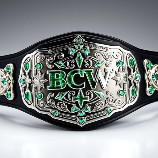 A gleaming BCW Women’s World Championship wrestling belt, luxurious black leather, modern rectangular silver plate design. The plate adorned with glimmering emerald gemstones, reflecting light in vibrant hues. Intricate cross crests and symbols etched into the metal, conveying strength and elegance. A bold statement of triumph, power, and female empowerment in sports.