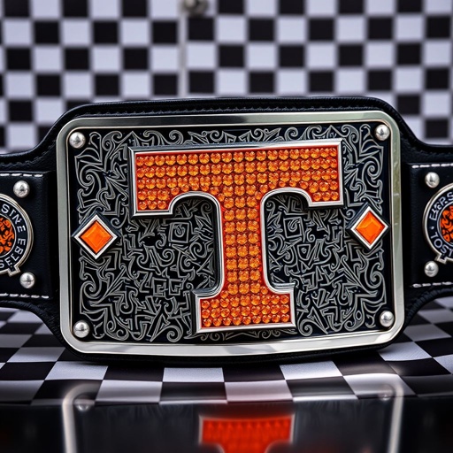 A vibrant wrestling belt, featuring a rectangular black strap, intricately engraved checkerboard plate background. An orange Tennessee Volunteers Power T logo, crafted from dazzling bright orange diamonds, shines amidst a silver border trim. Stacked plates create a 3D effect, complemented by a distinctive cubist art style, showcasing bold colors and geometric patterns.