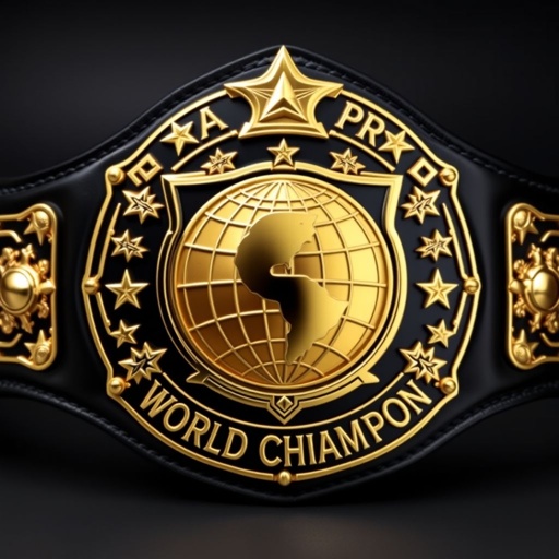 A prestigious wrestling belt with a rich leather strap in deep black. The centerpiece, a classic shield-shaped plate, gleams in polished gold. Intricate star crests and symbolic motifs adorn the edges. Prominently featured, a globe champion design showcases the title "Valor Pro World Champion," radiating excellence and unparalleled achievement in wrestling.