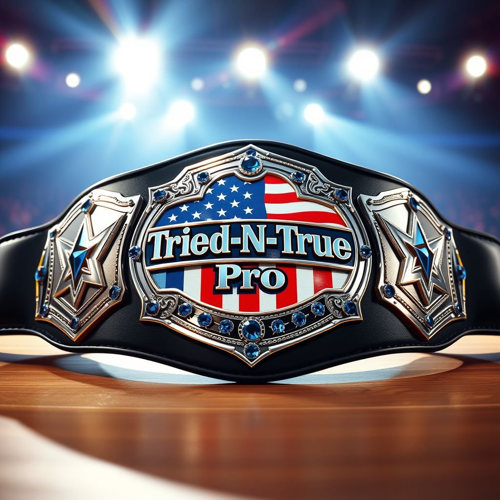 A magnificent wrestling championship belt, three shining plates glimmering under bright lights. The central plate proudly displays "Tried-N-True Pro" against a vibrant American flag backdrop. Smooth black leather strap showcases modern shield-shaped plates, gleaming silver adorned with stunning sapphire gemstones. Large and imposing, a symbol of achievement in realistic art style.