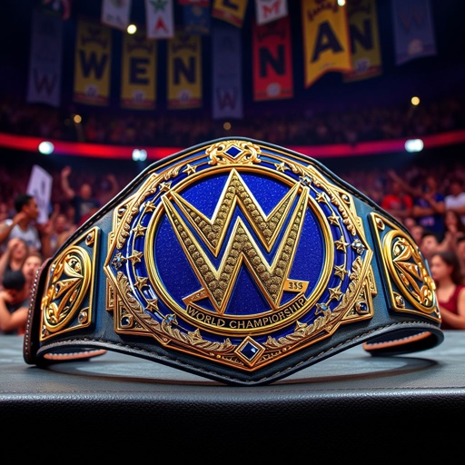 A gleaming wrestling belt, intricately designed, adorned with the Wrestlegate world championship emblem. Bold colors, deep blues and gleaming golds, catching the light. Leather strap, rich and textured, finely stitched. The backdrop, a roaring crowd in a vibrant arena, banners waving, excitement palpable. Championship glory, a symbol of strength and determination.