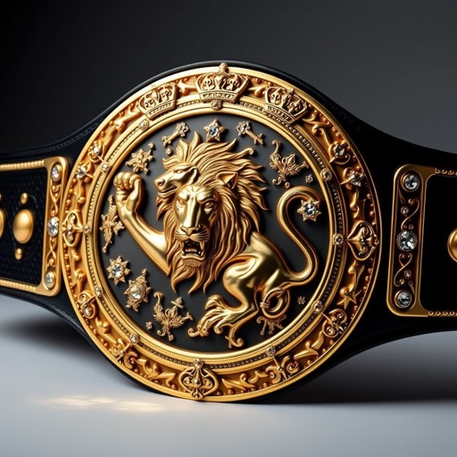 A grand wrestling belt featuring a circular gold plate, adorned with intricate lion champion motifs. The black strap, robust and elegant, contrasts strikingly with the luminous gold. Surrounding the lion, shimmering diamond gemstones catch light, enhancing the surrealist art style. Crown crests and symbolic engravings embellish the majestic design throughout.