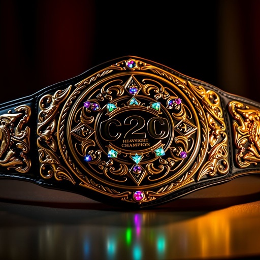 A gleaming wrestling championship belt, ornate gold plating, intricate engravings of mythical creatures along the sides. Rich, dark leather straps, textured for grip, contrasting with the bright shine. The center features a large, adorned circular emblem, showcasing the title "C2C Heavyweight Champion." Sparkling gems embedded, radiating colorful brilliance under dramatic lighting.
