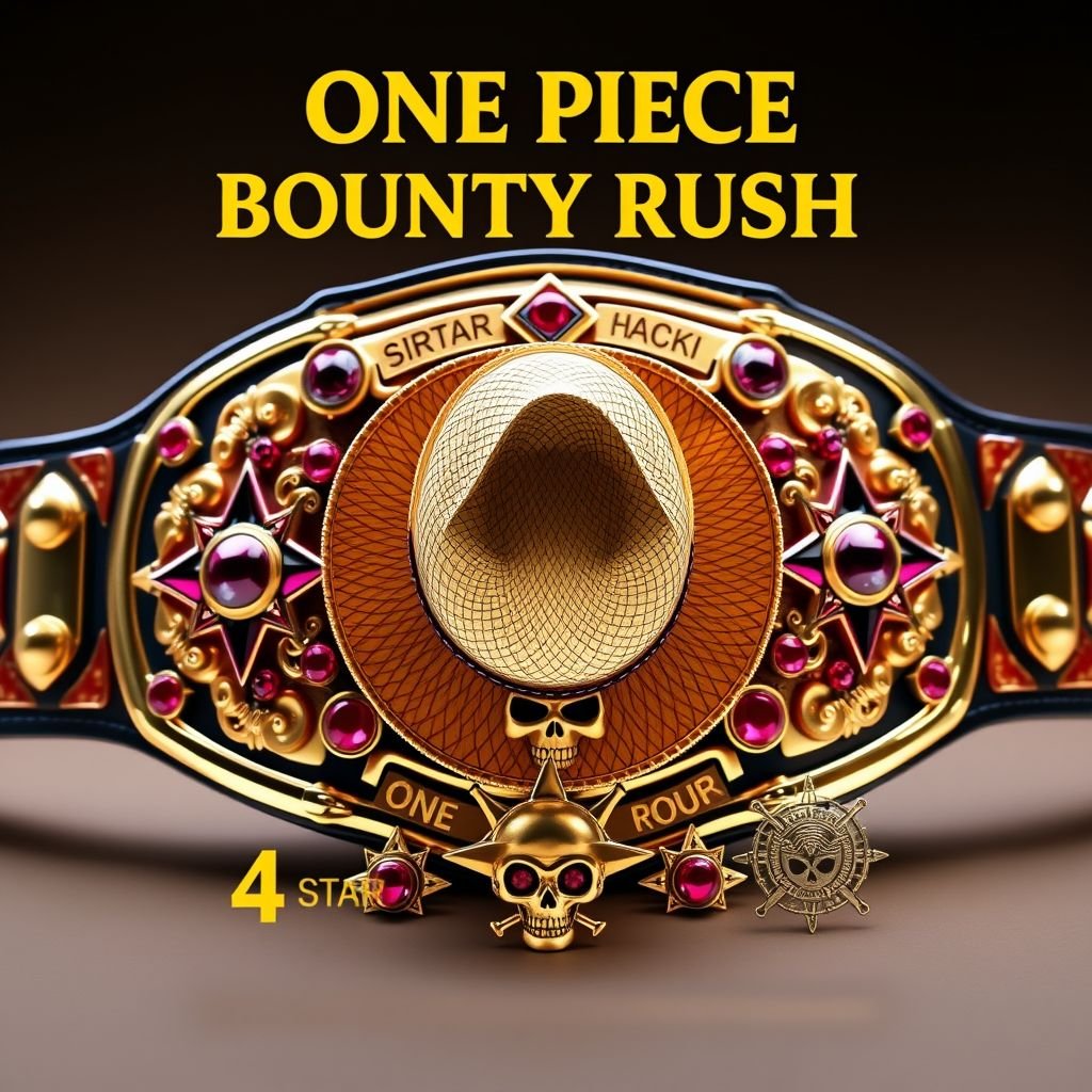 A grand wrestling belt, alligator skin texture, luxurious gold plates glistening. At the center, a straw hat from “One Piece,” vibrant, sun-bleached. Above, bold letters say “One Piece Bounty Rush.” Below, “4 Star VS Champ iFeedYouLead.” Multicolored star plates adorned with ruby gemstones, surrealist motifs, skull crests, and intricate symbols.
