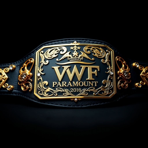 A striking wrestling belt lies splendidly against a dark background. The VWF Paramount championship logo prominently featured on a black metal center plate. Gold and white engravings swirl elegantly around a rectangular shape. A luxurious black leather strap contrasts with diamond gemstones, while phoenix crests and symbols radiate a fierce, victorious aura.