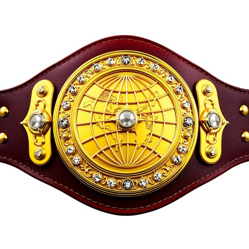 A vintage wrestling belt adorned with a circular gold plate, featuring an intricate globe champion design. The leather strap in deep mahogany complements the gleaming gold plate, embellished with sparkling diamond gemstones. Cartoonish art style enhances the playful aesthetic, showcasing exaggerated features and vibrant colors, all emphasizing the large, heroic stature of the belt.