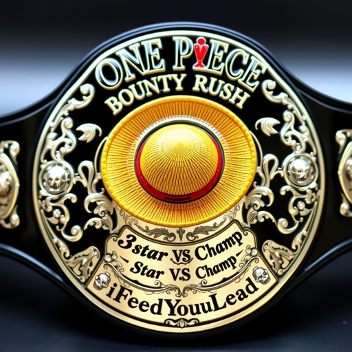 A magnificent wrestling belt, crafted from glossy vinyl material. Centered, a vibrant straw hat from “One Piece.” Above, bold lettering announces “One Piece Bounty Rush.” Below, intricate script proclaims “3 Star VS Champ iFeedYouLead.” A striking black strap contrasts with a glimmering silver engraved plate adorned with ornate skull crests and shimmering pearl gemstones.