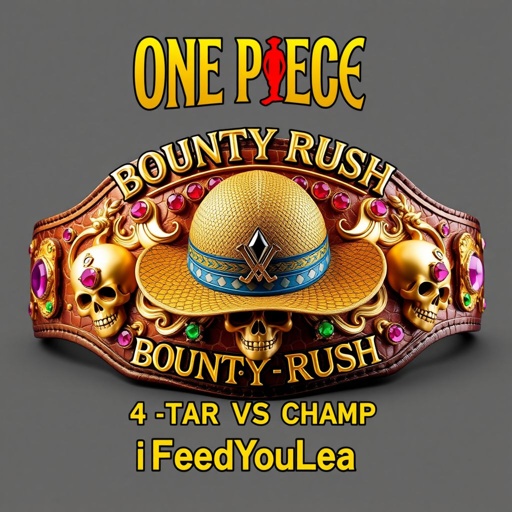 A luxurious wrestling belt, constructed from alligator skin, gleaming in rich gold hues. A striking straw hat from "One Piece" centered prominently. Above, the bold lettering "One Piece Bounty Rush," elegantly spelled. Below, "4 Star VS Champ iFeedYouLead" in a vibrant font. Dazzling ruby gemstones adorn skull crests, multicolor plates shimmer, all in a captivating realistic art style. Large and imposing, the design exudes a champion's prestige.