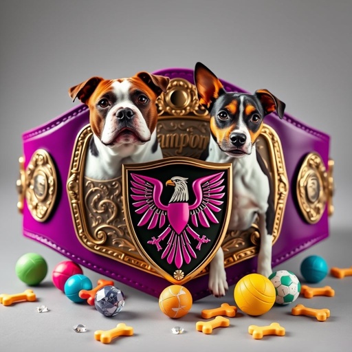 A vibrant wrestling belt showcasing a purple leather strap, featuring a striking shield-shaped plate adorned with an eagle champion design. At the center, two dogs—a Staffordshire Bull Terrier and a Border Terrier—proudly posed. Surrounding them, colorful dog balls and scattered dog bones, sparkling crystal gemstones adding an elegant touch.