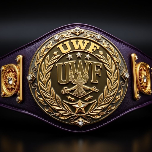 Wrestling belt, UWF World Heavyweight Championship, dark purple leather strap, intricately engraved darker gold main plate, four small gold side plates. Laurel motifs, eagle symbols, gold accents adorning the large main plate, reminiscent of an athlete’s legacy. Diamond gemstones glistening, highlighting the vintage craftsmanship and grand size of the championship.