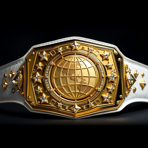 A gleaming outercontinental championship wrestling belt. Thick, white leather strap embracing a large, rectangular gold plate. Modern, intricate design showcases a globe motif at the center. Sparkling crystal gemstones accentuate star crests and symbols adorning the edges. Luxurious, realistic texture radiates prestige, embodying strength and honor in the wrestling realm.