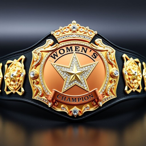 A stunning wrestling belt showcasing the title "Women’s World Champion," crafted from exquisite synthetic material. An engraved rose gold plate with a shield shape, adorned with intricate crown crests and symbols. Sparkling rhinestone gemstones embellishing the design. A star champion motif radiating strength, captured in a realistic art style, perfect adult size.