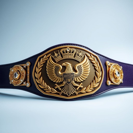 A UWF World Heavyweight Championship wrestling belt. Dark purple leather strap, wide and durable. Large main plate, a rich, darker gold hue, featuring intricate eagle and laurel motifs. Vintage design elements radiate sophistication. Brilliant diamond gemstones adorn the edges. Grand size and detailed crown crests enhance the majestic allure of this championship symbol.