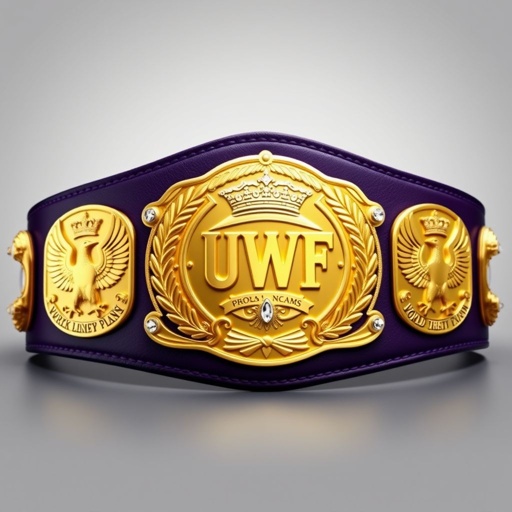 Wrestling belt emblematic of the UWF World Heavyweight Championship. Dark purple leather strap cradles ornate gold plates, each boasting an intricate design. Four side plates showcase majestic eagles flanked by laurel wreaths. The grand main plate, gleaming entirely gold, adorned with sparkling diamond gemstones and regal crown crests, symbolizes victory and prestige.