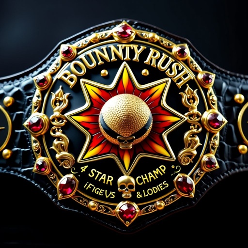 A luxurious wrestling belt, alligator skin material, shimmering gold accents. At the center, a strawhat radiates charm, surrounded by a star-shaped plate in vibrant multicolor. Above, "One Piece Bounty Rush" in bold letters; below, "4 Star VS Champ iFeedYouLead." Ruby gemstones glimmer, skull crests and surreal designs embellish this champion's masterpiece.