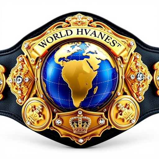 A magnificent wrestling belt featuring a stunning blue and gold globe at its center, adorned with a "World Heavyweight Champion" banner. Five intricately sculpted plates glimmer in dual-toned gold and silver, while a luxurious black leather strap offers support. Diamond gemstones sparkle on the plates, showcasing crown crests and symbols in an opulent design.