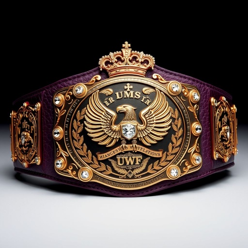 A majestic wrestling belt, UWF World Heavyweight Championship. Deep, dark purple leather strap, richly textured. Four ornate side plates gleaming in darker gold. A grand main plate featuring intricate eagle and laurel motifs. Sparkling diamond gemstones accentuating the design. Elegant crown crests and symbols enhancing the vintage allure, exuding power and prestige.