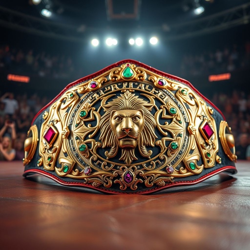 An opulent wrestling championship belt, leather surface gleaming under bright lights, elaborate gold and silver plates intricately designed, centerplate emblazoned with a fierce lion symbol. Adorned with colorful gemstones reflecting vibrant hues, detailed engravings narrating epic battles. A backdrop of a roaring crowd, excitement palpable, as dreams of glory await.