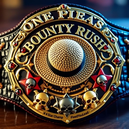 A grand wrestling belt, alligator skin texture, shimmering gold luxury plates. Centered, a renowned straw hat from “One Piece.” Above, elegant lettering reads “One Piece Bounty Rush”; below, “4 Star VS Champ iFeedYouLead.” Multicolor star-shaped plates adorned with ruby gemstones, bold skull crests and intricate symbols, bold craftsmanship, realistic style.