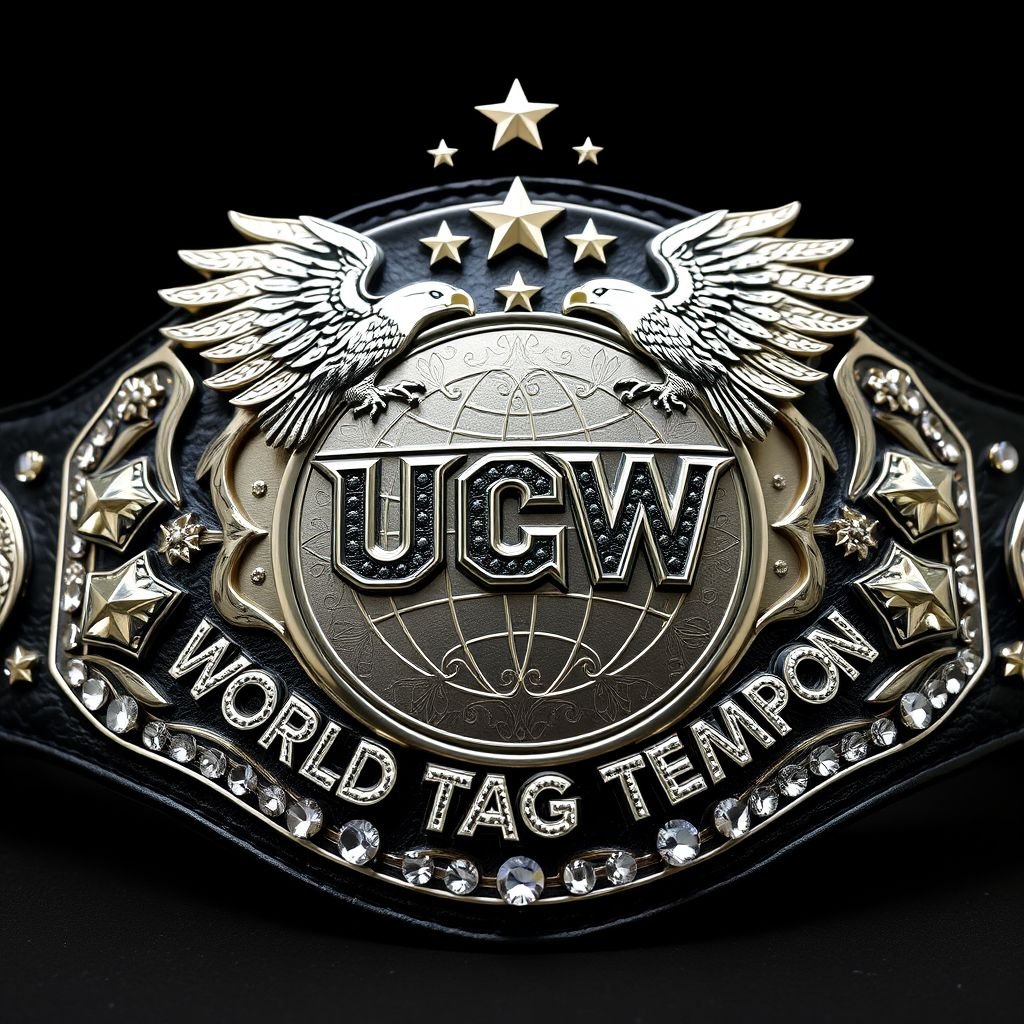 Majestic wrestling belt adorned with gleaming silver circular plate, intricately engraved, declaring “UCW WORLD TAG TEAM CHAMPION.” Black leather strap, luxurious texture, cradling radiant rhinestone gemstones. Two proud eagles soar above, surrounded by celestial stars, embodying strength and victory. Abstract art style enhances dramatic flair, featuring bold eagle crests and symbols.