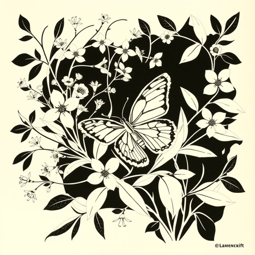 Linocut style, a striking block print. Delicate, thin flowers intertwining with elegant leaves, forming an organic composition. A graceful butterfly rests among the foliage, wings poised, intricate patterns visible. Monochrome palette, rich contrasts between light and shadow, smooth textures of linoleum highlighted. Minimalist elegance, capturing the essence of nature’s beauty.