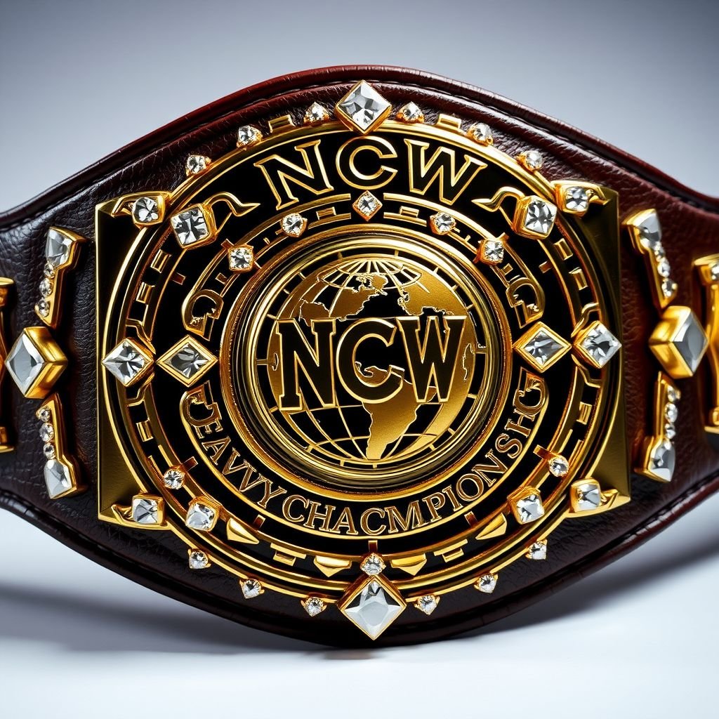 A dazzling wrestling belt, symbol of the NCW World Heavyweight Championship. Rich, dark leather envelops a sturdy structure. Vintage circular plate design gleams in bright gold. Cartoonish globe champion motif at the center. Radiant diamond gemstones embedded along the edges. Large scale, exuding power and prestige, an iconic representation of triumph.