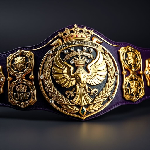 A majestic Wrestling Belt, UWF World Heavyweight Championship. Dark purple leather strap, adorned with four intricate side plates on each side, elaborately sculpted. A grand main plate, shining gold metal, features an imposing eagle and flourishing laurel motifs. Sparkling diamond gemstones embellish the design, complemented by regal crown crests and powerful symbols.