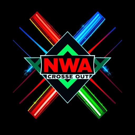 Graphic design exploration, NWA Cross Out logo centerpiece. Bold, angular shapes, interlocking and overlapping. Vibrant RGB color scheme: electric blues, fiery reds, bright greens. Modern typography, geometric patterns, minimalist aesthetic. Dynamic composition, contrasting elements, urban feel. Textured backgrounds, layers of depth, energy radiating. Subtle gradients, eye-catching, bold statement artwork.
