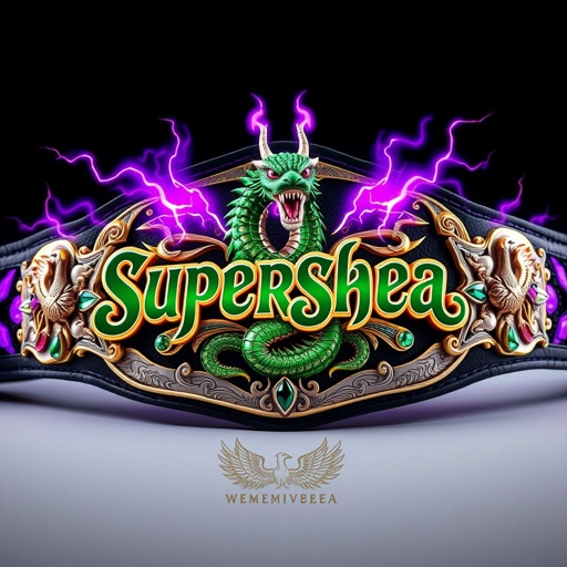 A majestic wrestling belt, centered with the word “Supershea” in bold lettering. A fierce green dragon, intricately detailed, encircles the title, exhaling vibrant flames. The strap, deep black, adorned with purple lightning bolts. A grand silver front plate with a rich gold outline, featuring engraved designs, emerald gemstones, and artistic phoenix crests.