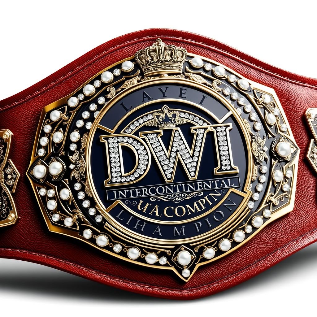 A wrestling belt adorned with the title "DWI INTERCONTINENTAL CHAMPION." Crafted from rich leather, it features a luxurious plate design sparkling with pearl gemstones. The strap, pristine white, highlights intricate crown crests and symbols embodying victory and strength. A realistic art style captures every detail, showcasing elegance and prestige in wrestling heritage.