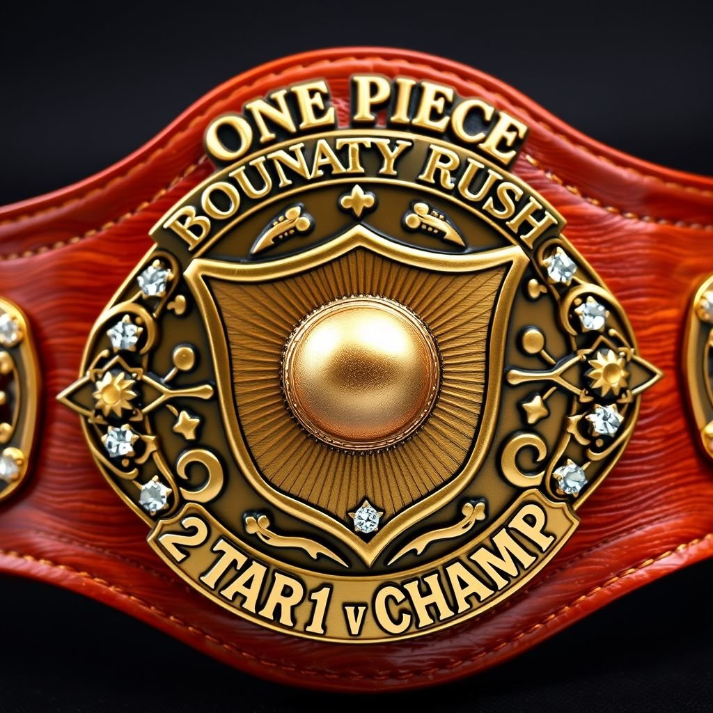 Wrestling belt, leather material, rich brown strap, engraved plate design, shield-shaped bronze plate, intricate detailing. Centered straw hat from “One Piece,” vibrant colors. "One Piece Bounty Rush" elegantly arched above, "2 Star 1 vs 1 Champ" boldly below. Rhinestone gemstones twinkling, star crests and symbols adorning, majestic and detailed.