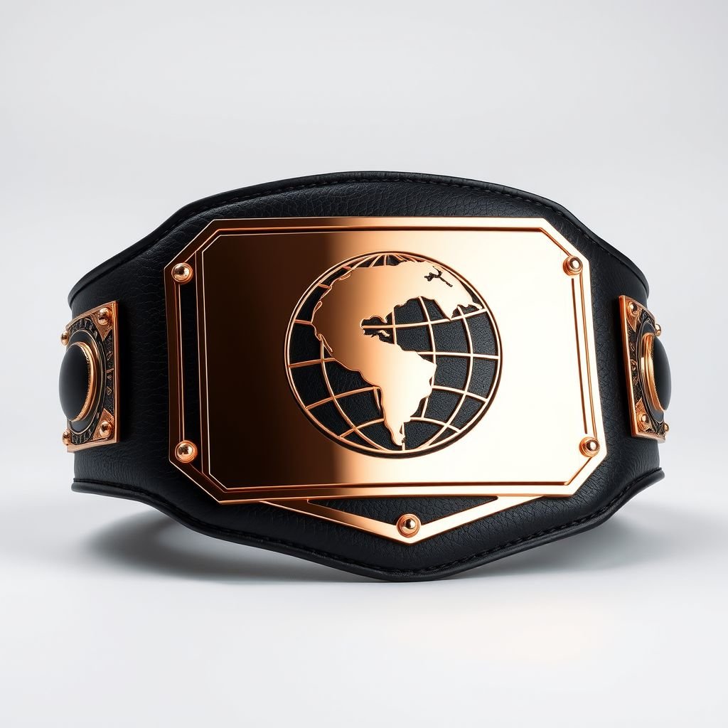 A sleek wrestling belt exuding prestige, crafted from luxurious black leather. A bold, rectangular plate gleams in rose gold, showcasing a stunning globe champion design. The absence of gemstones enhances its modern elegance. Extra-large in size, the belt stands proud, embodying strength and achievement, a true symbol of the Outercontinental Champion.