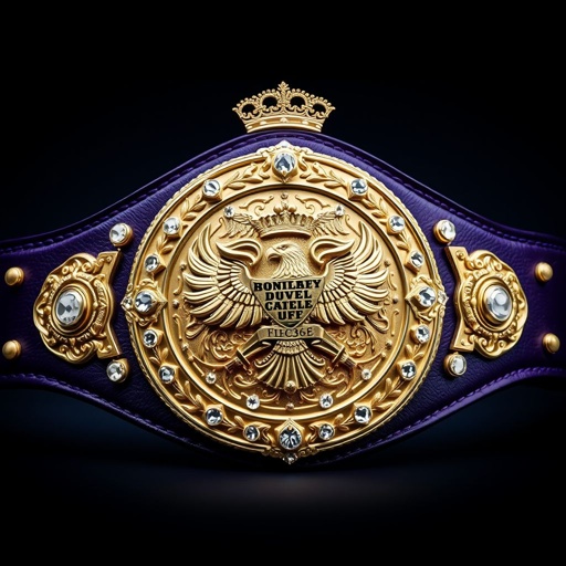 A grand wrestling belt, UWF World Heavyweight Championship, featuring a dark purple leather strap. The large main plate, an intricate vintage design, shimmers in a deep gold hue. Majestic eagle and laurel motifs adorn the centerpiece, surrounded by sparkling diamond gemstones. Crown crests and symbols elevate its regal appearance, exuding championship prestige.