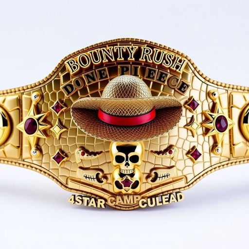 A luxurious alligator skin wrestling belt, glistening in gold. Center stage, a straw hat reminiscent of “One Piece.” Above, bold letters proclaim “One Piece Bounty Rush.” Below, “4 Star VS Champ iFeedYouLead,” elegantly presented. Adorned with ruby gemstones, star-shaped plates in vibrant colors, skull crests enhancing the belt's fierce design.