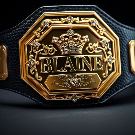 A wrestling belt adorned with a nameplate engraved "BLAINE." Opulent snake skin texture, deep black strap enhancing elegance. Octagon-shaped gold plate reflecting light, intricate luxury design, crowned champion motifs etched delicately. Sparkling diamond gemstones fixed within beautiful crown crests and symbols, extra-large size exuding power, prestige, and ultimate victory.