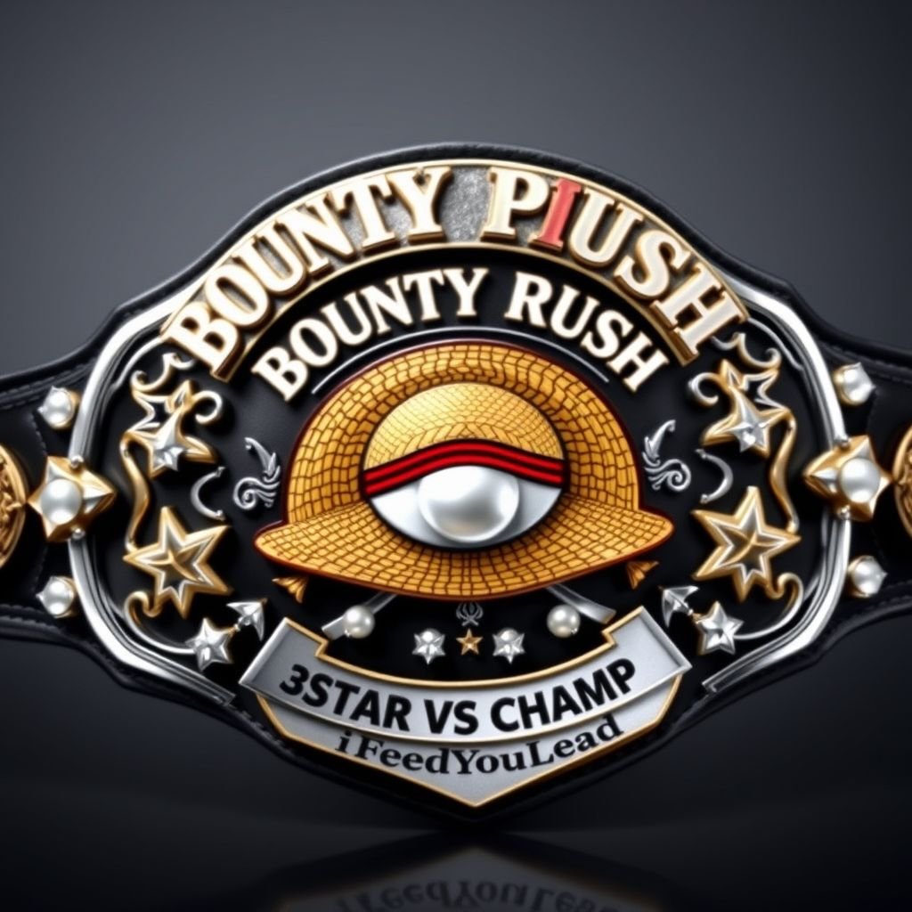 Wrestling belt featuring an intricate design, a central straw hat from “One Piece.” Above, bold lettering reads “One Piece Bounty Rush.” Below, “3 Star VS Champ iFeedYouLead.” Luxurious vinyl material, black strap, shield-shaped silver plate. Adorned with shimmering pearl gemstones, large star crests, and symbols enhancing champion essence. Realistic art style.