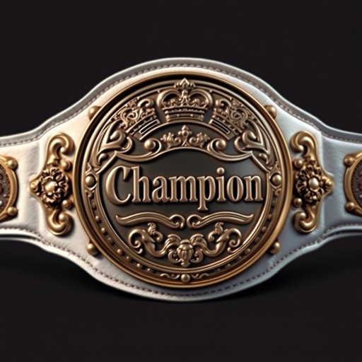 A prestigious wrestling belt, crafted from luxurious leather, features a pristine white strap. A circular silver plate, gleaming and detailed, displays the bold text “Champion.” Ornate crown crests and intricate symbols embellish the plate, evoking a sense of grandeur. Realistic art style accentuates every nuance, showcasing the belt's magnificent presence.