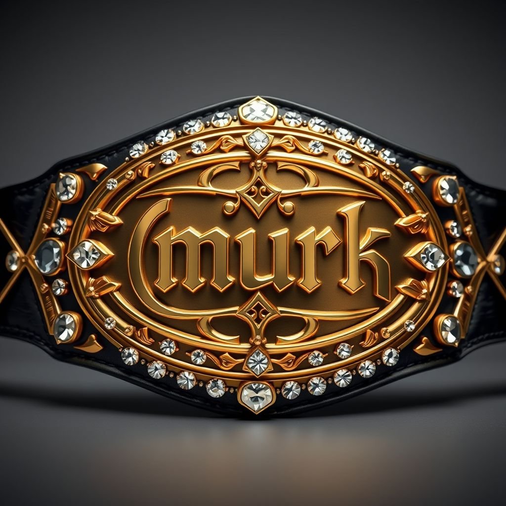 A magnificent wrestling belt, featuring a striking oval plate, gleaming in golden hues. The letters "(mûrk)" displayed prominently across the center, ornate and bold. Surrounding the plate, exquisite diamond gemstones sparkle. A rich black leather strap provides a classic touch, while the extra-large size commands attention. Realistic details captivate the viewer.