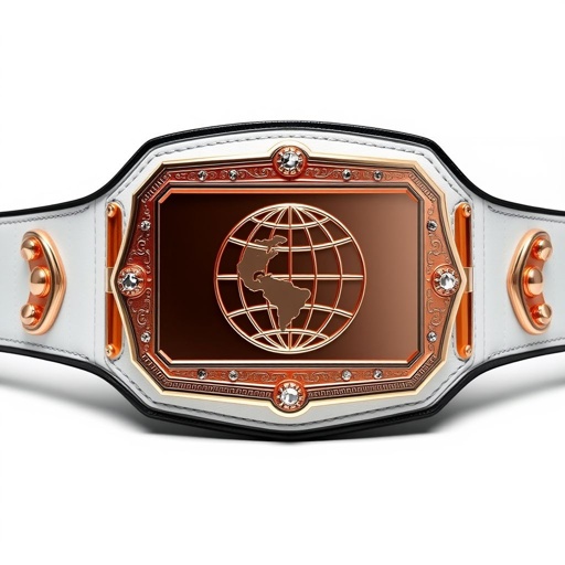 A striking Outercontinental Wrestling Belt, crafted from premium leather with a pristine white strap. The centerpiece features a sleek rectangular plate, shimmering in rose gold, adorned with an intricate globe champion design. The absence of gemstones highlights the belt’s bold elegance, showcasing an extra-large size fit for a distinguished champion.
