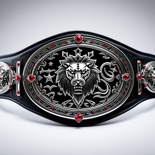 A striking VWF Ironclad Championship Wrestling Belt, featuring a robust leather strap in deep black. The modern oval-shaped silver plate gleams with intricate detailing, showcasing a fierce lion champion design. Adorned with radiant ruby gemstones, this extra-large belt exudes prestige and power, a true symbol of wrestling excellence and triumph.