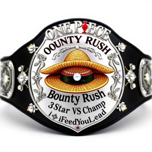 A wrestling belt design, featuring a central straw hat reminiscent of "One Piece." Above, the bold words “One Piece Bounty Rush” in ornate lettering. Below, “3 Star VS Champ iFeedYouLead” elegantly inscribed. Vinyl material, black strap, shield-shaped silver plate, adorned with pearls and gemstones, ornate star crests, a champion's emblematic display.