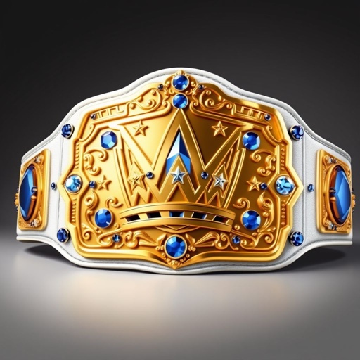 A dazzling wrestling belt adorned with a white leather strap, exuding elegance and power. A modern, rectangular gold plate gleams brilliantly, featuring an intricate crown champion design. Lustrous sapphire gemstones sparkle amidst star crests and symbols, embodying prestige. The realistic art style captures every detail, showcasing the belt's commanding presence.