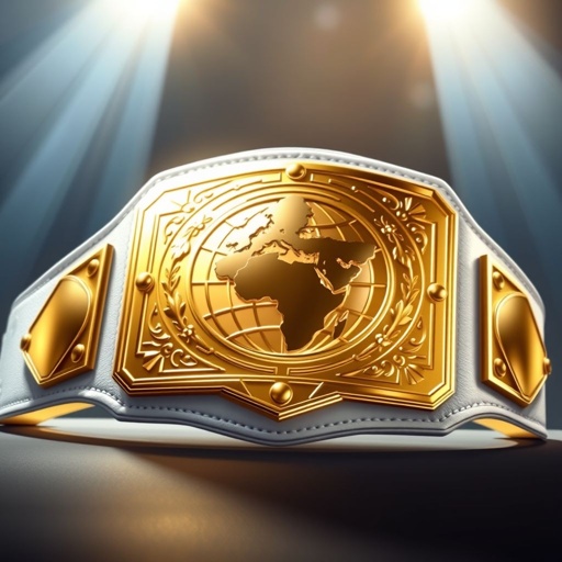 A wrestling belt showcasing the title of Outercontinental Champion. Luxurious white leather strap, pristine and smooth. Brilliant gold rectangular plate gleaming under bright lights. Globe design meticulously engraved, symbolizing global dominance. Extra-large size, enforcing prestige. No gemstones, maintaining a minimalist elegance. Realistic art style captures every intricate detail and texture.