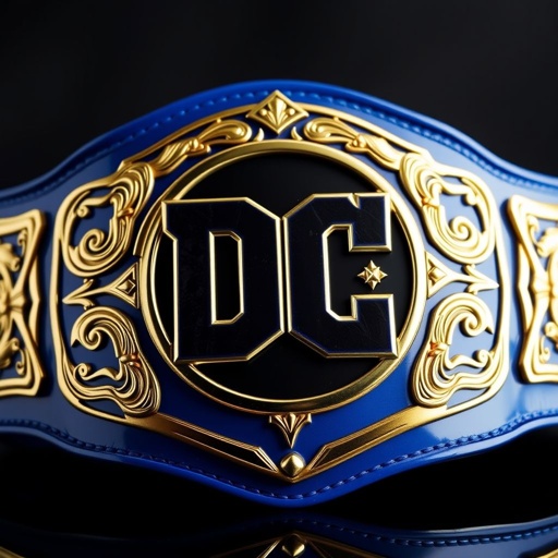 A bold wrestling belt featuring a prominent DC logo at the center, crafted with intricate gold detailing. The strap, a vibrant blue, showcases a glossy finish that catches the light, reflecting its premium quality. The adult-size design offers a powerful presence, embodying strength and heroism, perfect for any fan of the genre.