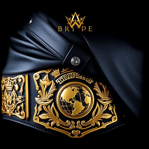 A wrestling belt draped elegantly, Triple U Undisputed United Universal Championship. Luxurious leather texture, deep black strap, vintage-inspired plate design showcasing intricate shapes. Gleaming gold plates adorned with graffiti art style. A globe champion motif at the center, surrounded by regal crown crests and symbols. Adult size, exuding power and prestige.