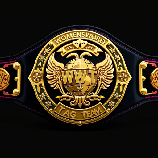 A modern wrestling belt showcases vibrant colors. The black strap contrasts with a shiny gold plate featuring an intricate, unique shape. Cartoonish art style brings life to the design, with an embossed globe proudly symbolizing the Women’s World Tag Team Champions. Eagle crests and symbols add flair, enhancing its prestigious appearance.