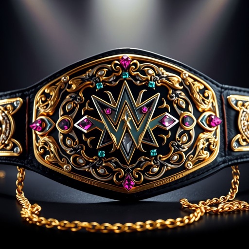 A gleaming wrestling belt adorned with intricate gold and silver patterns. An emblematic logo of Supershea at the center, surrounded by vibrant gemstones reflecting light. Textured black leather strap, soft yet durable. Golden chains drape elegantly, accentuating the majestic aura. Background featuring a spotlight illuminating the belt, creating an atmosphere of triumph.