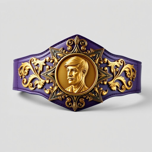 A wrestling belt showcasing an intricate Art Nouveau design. Leather strap, rich purple hue, adorned with a striking gold plate featuring a champion portrait. Classic star-shaped plate, curves and swirling motifs emphasize elegance. Opulent details flourish, intertwining organic forms and geometric patterns, celebrating athleticism and artistry in a vibrant, dynamic composition.