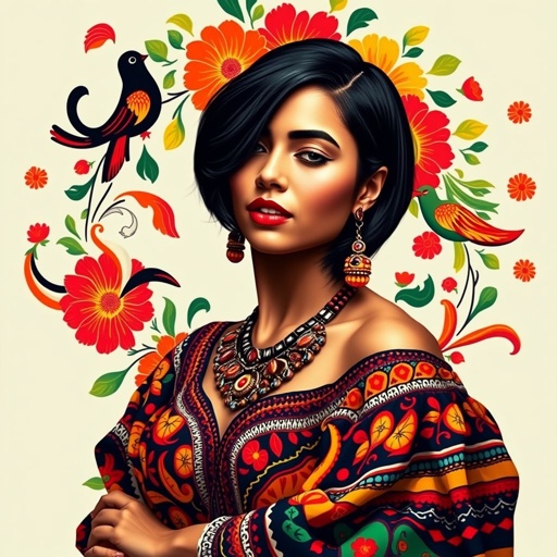 Latina woman, gracefully poised, adorned with vibrant textiles, traditional dance motifs swirling around her. Short bob hairstyle framing her face, revealing intricate ethnic jewelry. Rich cultural colors—deep reds, brilliant yellows, and lush greens—intertwine with elements of folklore. Bold patterns evoke heritage, celebrating femininity and empowerment through movement and expression.